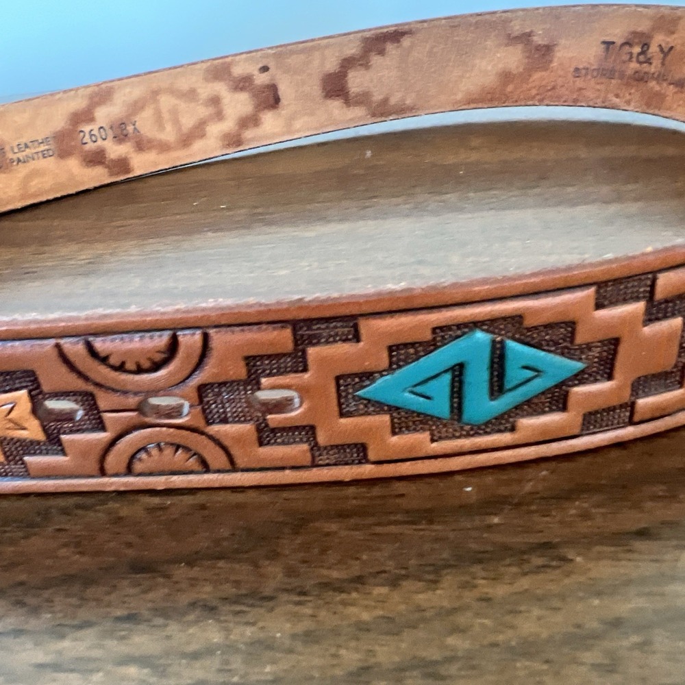 Vintage TG&Y Hand Painted Leather Belt Size 30 Southwest Style Turquoise Accent - Picture 3 of 5